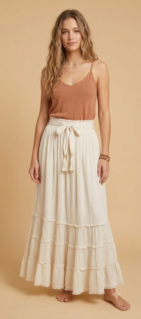 Sundance Creme Tiered Waist Ties Maxi Skirt New Medium